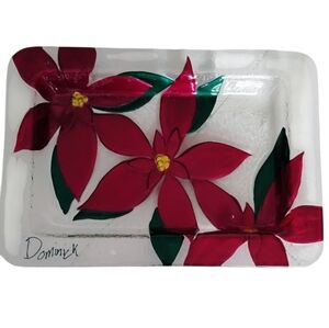 Glass Decorative Tray with Red and Green Poinsettia Design